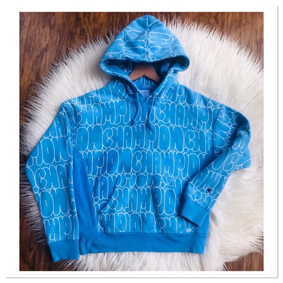 Champion Reverse Weave Bubble Script Blue Hooded Sweatshirt Size Medium - Picture 1 of 8